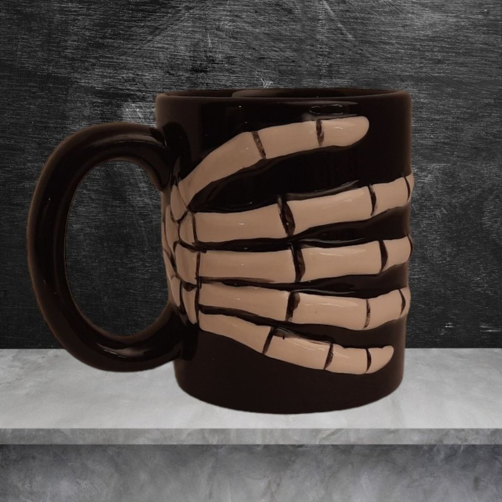 Eccolo Skeleton Hand Mug Coffee Cup With Handle Black White Ceramic Halloween